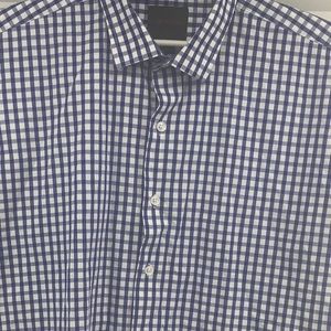 Linea Uomo Mens Blue & White Checkered‎ Shirt Large Button Front Short Sleeve
